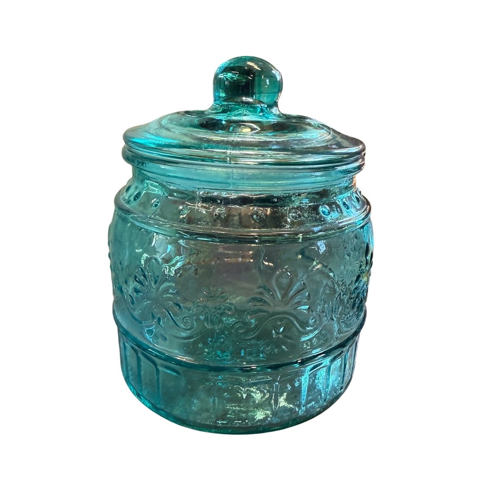 The Pioneer Woman Cassie Teal Embossed Glass Canister 6.5" - Picture 2 of 7